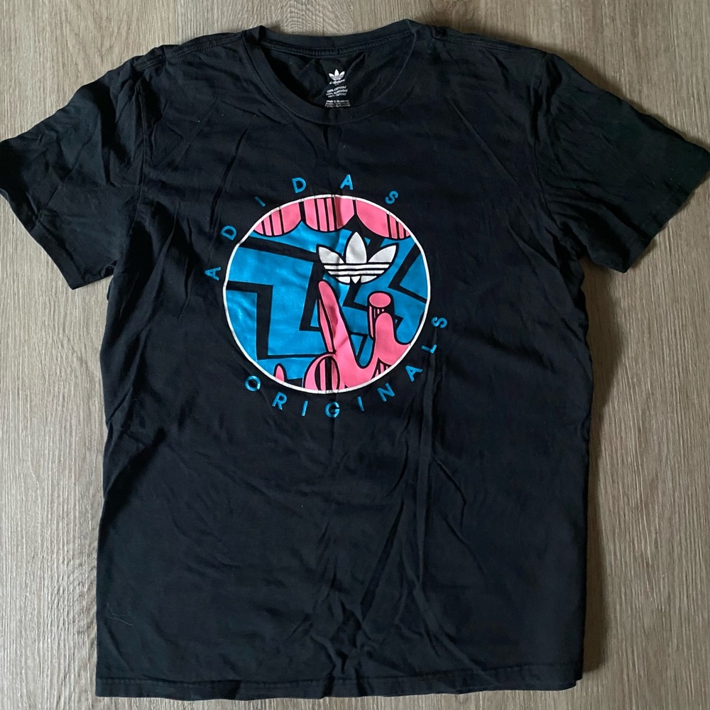 Adidas Black Tee with Blue and Pink Graphic